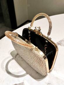 1pc Gold Glitter Luxury Rhinestone Decor Women's Evening Handbag, Metal Chain Strap Fashion Elegant Mini Clutch Purse, Suitable For Formal Gala, Wedding, Party