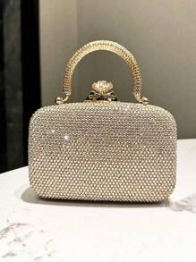 1pc Gold Glitter Luxury Rhinestone Decor Women's Evening Handbag, Metal Chain Strap Fashion Elegant Mini Clutch Purse, Suitable For Formal Gala, Wedding, Party