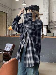 女士宽松落肩长袖格子休闲衬衫，春秋装，长袖上衣 - 藍色 - 查看 3