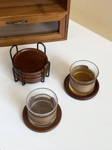 Zazumi 1 套/6 件木制杯垫带支架，隔热防滑杯垫，简约木制杯垫，黑色和金色杯垫架，适用于现代家居装饰，咖啡桌面保护，适合任何杯子的乡村风格户外杯垫，礼物