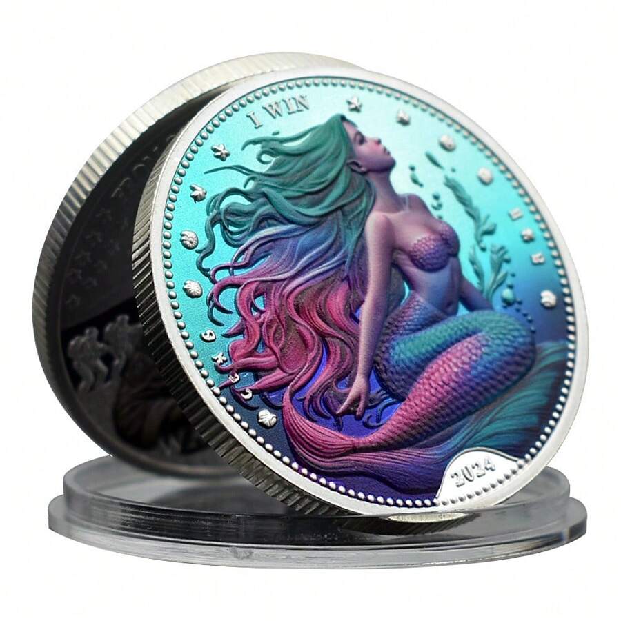 1 pieza Moneda conmemorativa de colección con diseño de tema de sirena colorida, novedad - Plateado - Ver 1