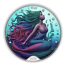 1 pieza Moneda conmemorativa de colección con diseño de tema de sirena colorida, novedad - Plateado - Ver 6
