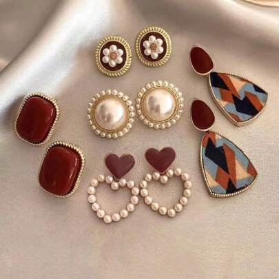 10pcs Minimalist Vintage Pearl Floral Hollow Heart Shape Bicolor Luxury Unique Stud Earrings Set For Women, Date & Party Gift Valentines,Mom,Mother,Mother's Day,Gift