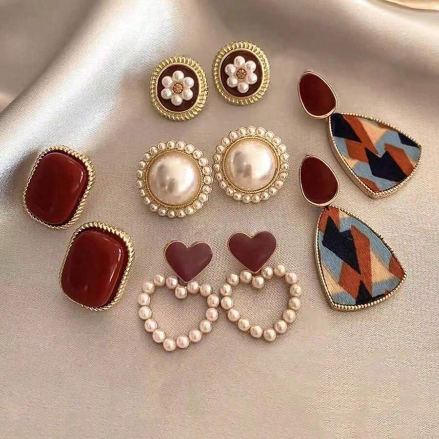 10pcs Minimalist Vintage Pearl Floral Hollow Heart Shape Bicolor Luxury Unique Stud Earrings Set For Women, Date & Party Gift Valentines,Mom,Mother,Mother's Day,Gift - Multicolor - View 1