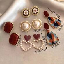 10pcs Minimalist Vintage Pearl Floral Hollow Heart Shape Bicolor Luxury Unique Stud Earrings Set For Women, Date & Party Gift Valentines,Mom,Mother,Mother's Day,Gift - Multicolor - View 7