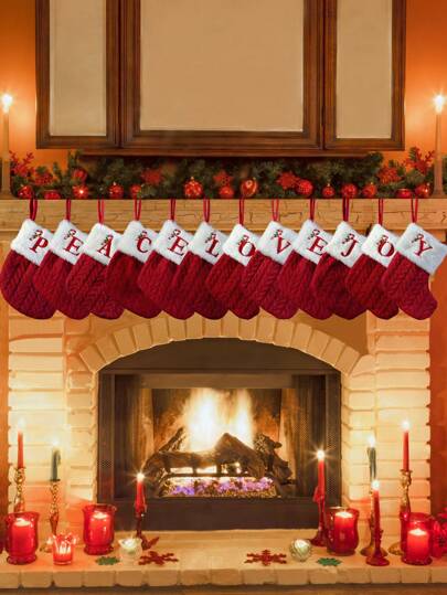 1pc Christmas Stocking,Red Knitted Christmas Sock,Mini Monogram Christmas Stocking,7 Inches Initial Christmas Stockings,Mini Red Christmas Stocking,Embroidered Letter A-Z Xmas Stocking,Fluffy Christmas Sock Christmas Home Decoration, Halloween, Halloween Decoration