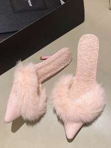 Women's Fluffy Feather Pointed Toe Sandals Backless Slip On High Heels Mules Slides Dress Shoes - Hồng - Xem 4