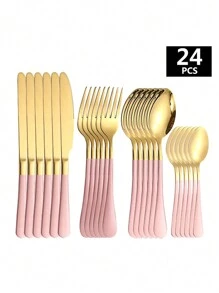 4/16/24件西式不锈钢刀叉勺甜点勺牛排餐具套装，厨房，圣诞礼物，学校用品 - 彩色 - 查看 10