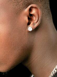 2 件男士简约圆形方晶锆石耳钉