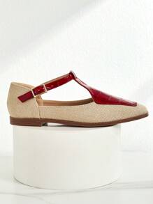 Neue Ankunft französischer Retro Zweifarbige gewebte Flache T-Riemen Spitzschuh Mary Janes Ballerinas für Damen - Rot - Übersicht 5