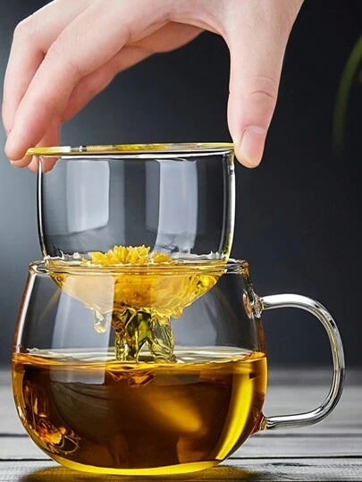 1 件 380 毫升/12.85 盎司玻璃茶杯，带浸泡器和盖子，带过滤器的硼硅酸盐茶杯，适用于柠檬、水、茶、咖啡、果汁，适合夏季和冬季，适合户外、露营