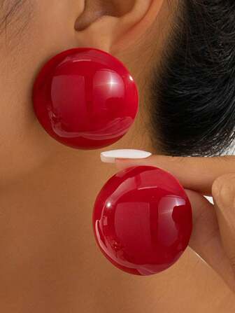 1 对夸张复古母亲节圆形红色光滑耳钉，女士时尚珠宝，派对/节日礼物