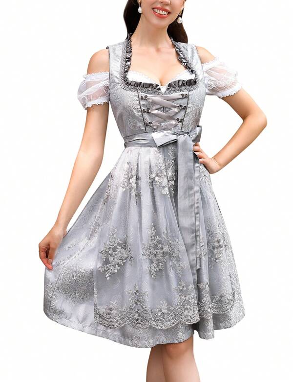 Dirndl Damen Midi Trachtenkleid 3tlg mit Schürze und Bluse Trachtenmode Kleid für Oktoberfest Vintage, Besondere Anlässe