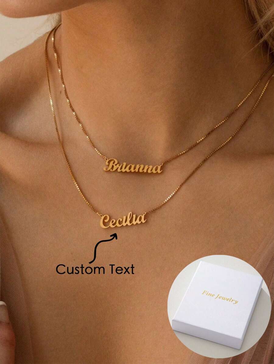 时尚奢华定制双名吊坠盒链双层项链，采用不锈钢材质，适合情侣、家人和朋友佩戴 - 金黃色 - 查看 1