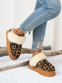 Women's Platform Snow Boot Slippers – Cozy & Stylish Winter Slip-Ons With Thick Sole In Leopard Print