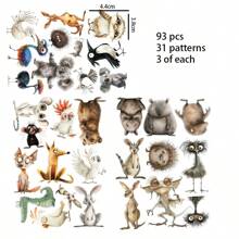 JAI IMAN 90-93 件奇特动物主题贴纸，带有森林动物、肥猫、热带动物、鸟类图案，带有高大的动物图案，适用于剪贴簿、垃圾日记本、瓶贴、相册装饰、纸工艺、冒险预订装饰。