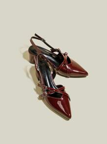 女士酒红色漆皮尖头绑带粗跟高跟鞋，优雅尖头正式高跟鞋，时尚露跟高跟鞋