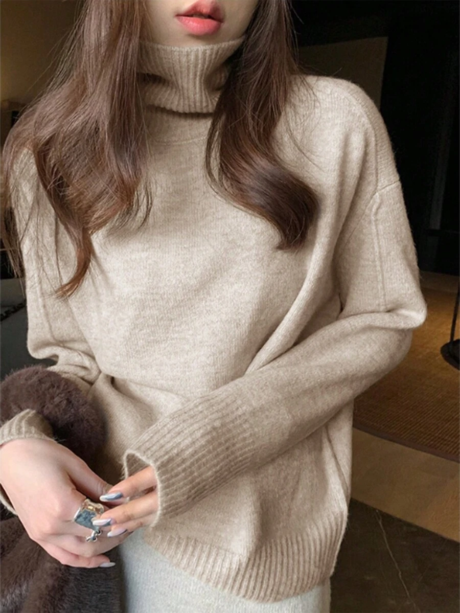 High-Neck Dropped Shoulder Solid Color Casual Sweater, Autumn/Winter - Apricot - View 1