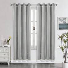 Bộ rèm cửa 2 tấm, rèm cửa màu xám có lớp voan, họa tiết ngôi sao cắt rời, rèm cửa màu trơn cản sáng, thích hợp cho phòng ngủ, rèm ren hai lớp trang trí cho phòng bé gái, phòng khách - Xám - Xem 18