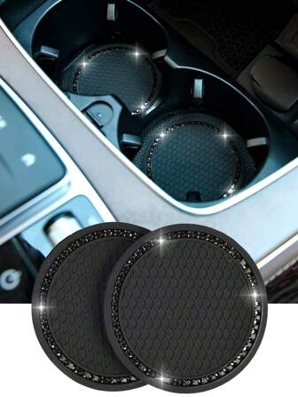 2pcs Set Black Diamond Studded Car Cup Holder Anti-Slip Coaster