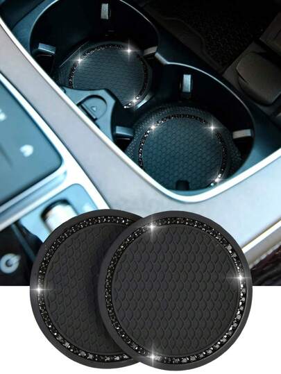 2pcs Set Black Diamond Studded Car Cup Holder Anti-Slip Coaster