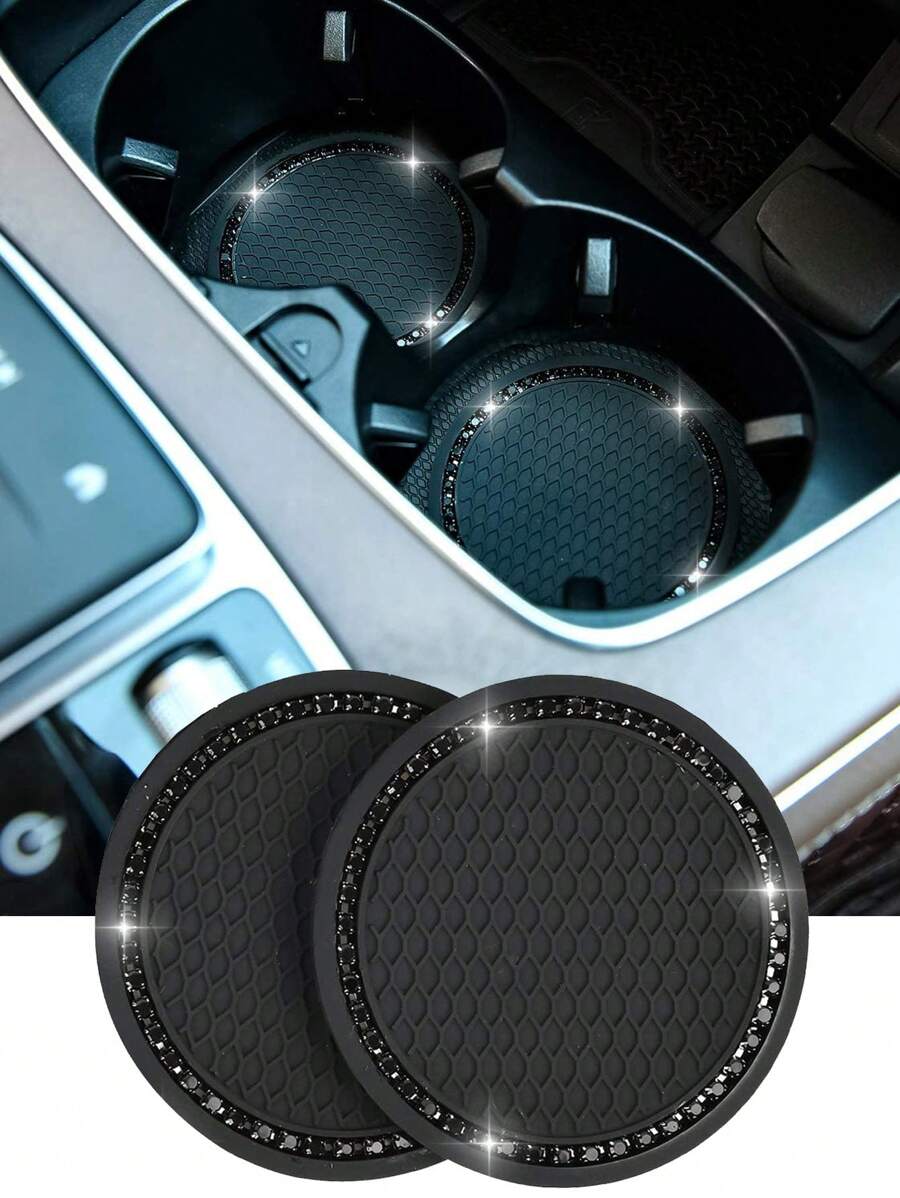 2pcs Set Black Diamond Studded Car Cup Holder Anti-Slip Coaster - Black Diamond Coaster - View 1