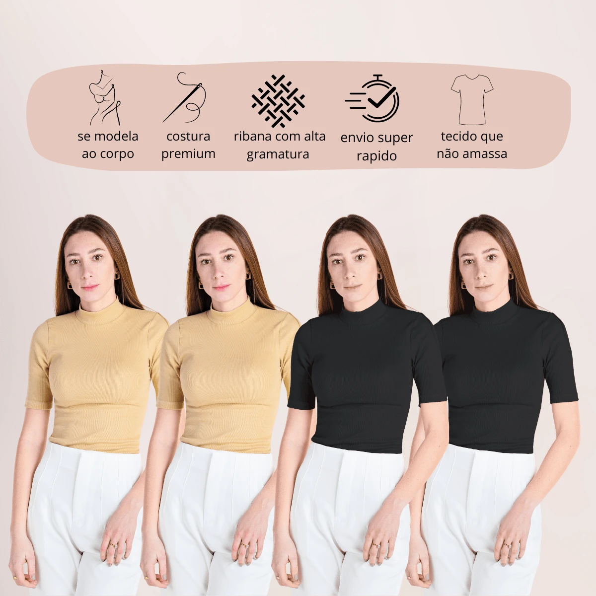 Kit Of 4 High Neck Ribbed Cotton Blouses With 3/4 Sleeves - Women's Basic Casual Shirt - 2黑色+2裸色 - 查看 1