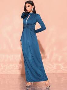 Women's Handmade 3D Floral High Slit Cocktail Party Dress With Puff Sleeves, Wedding Guest Dress, Formal Dress, Evening Dress,Gown - Teal Blue - View 4