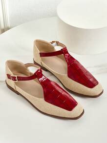 Neue Ankunft französischer Retro Zweifarbige gewebte Flache T-Riemen Spitzschuh Mary Janes Ballerinas für Damen - Rot - Übersicht 2