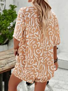 Conjunto de dos piezas de verano para mujer PoPoHouse, ropa de moda casual estilo bohemio, conjunto de vacaciones para la playa, conjunto de camisa de manga corta y pantalones cortos con estampado floral