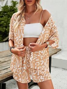 Conjunto de dos piezas de verano para mujer PoPoHouse, ropa de moda casual estilo bohemio, conjunto de vacaciones para la playa, conjunto de camisa de manga corta y pantalones cortos con estampado floral