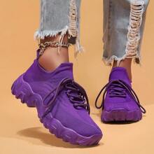 Women's Breathable Round Toe Slip-On Cushion Sneakers, Ladies' Casual Knitted Shoes - 紫色 - 查看 4