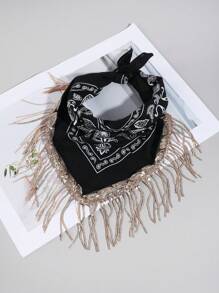 1buc Damă Casual Negru/Alb Motiv Paisley Auriu Paiete Ciucuri Bandana Eșarfă pătrată, Potrivită pentru călătorii, în aer liber și ținute zilnice, toamna de iarnă