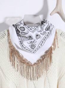 1buc Damă Casual Negru/Alb Motiv Paisley Auriu Paiete Ciucuri Bandana Eșarfă pătrată, Potrivită pentru călătorii, în aer liber și ținute zilnice, toamna de iarnă