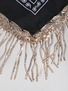 1buc Damă Casual Negru/Alb Motiv Paisley Auriu Paiete Ciucuri Bandana Eșarfă pătrată, Potrivită pentru călătorii, în aer liber și ținute zilnice, toamna de iarnă