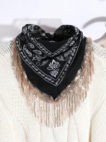 1buc Damă Casual Negru/Alb Motiv Paisley Auriu Paiete Ciucuri Bandana Eșarfă pătrată, Potrivită pentru călătorii, în aer liber și ținute zilnice, toamna de iarnă