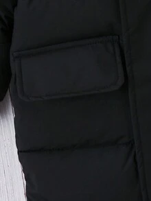 Young Boy Solid Color Casual Thick Long Sleeve Jacket For Everyday, Autumn/Winter - Black - View 5
