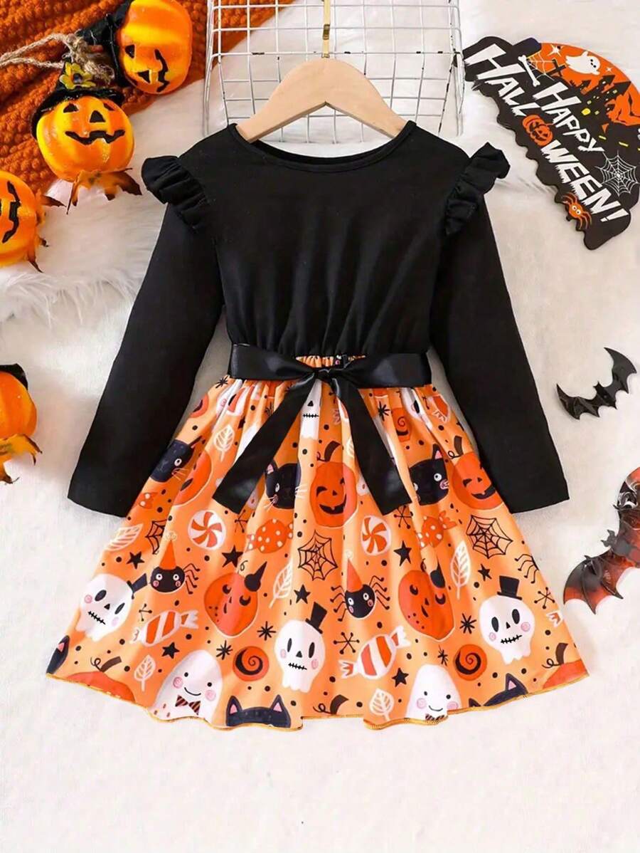 年轻女孩可爱万圣节南瓜印花连衣裙长袖 T 恤连衣裙秋季服装,儿童服装礼物 - 黑色 - 查看 1