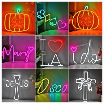 1pc 5V USB Gifts Funny/Terror Pumpkin Poker Spade Q/A Symbol Broken Letter Mary Heart Love Me I Do Disco Shape LED Wall Neon Sign Art For Room Party Coffee Milk Tea Ice Cream Candy Cake Flower Shop Beauty Hair Nail Salon Music Show Store Bar Decoration Gifts Halloween Decoration Room Decor Halloween Garden Decor For Gift Fairy Holiday Decor Festival Decor