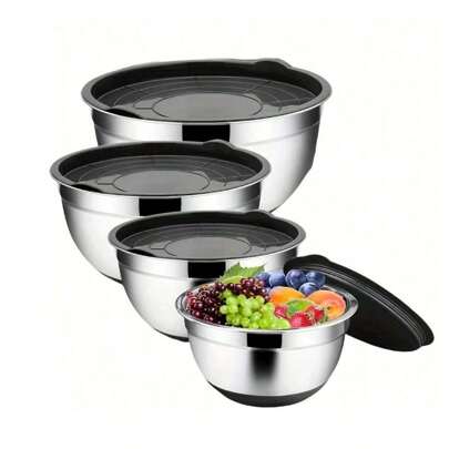 1 件/5 件，带盖沙拉碗套装，搅拌碗套装，不锈钢沙拉搅拌碗，带硅胶底座和碗架，防滑，适用于食物储存、备餐、沙拉等，厨房小工具厨房配件