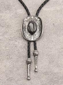 1pc Fashionable Black Braided Rope & Leather Long Necklace Chain, Vintage Embossed Wide Brim Cowboy Hat Pendant Accessory, Suitable As Gift For Men, Women, Boys, Girls - Leather - View 15