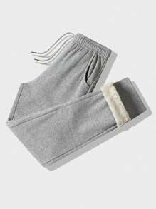 男士纯色保暖内衬抽绳裤，适合秋冬穿着 - 淺灰色 - 查看 2