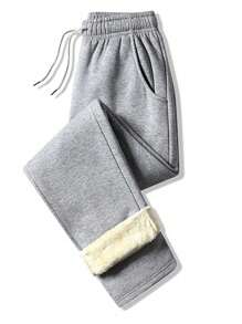 男士纯色保暖内衬抽绳裤，适合秋冬穿着 - 淺灰色 - 查看 7