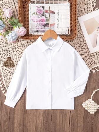 Young Girl Classic White Long Sleeve Blouse, Suitable For Formal Events, Parties And Performances