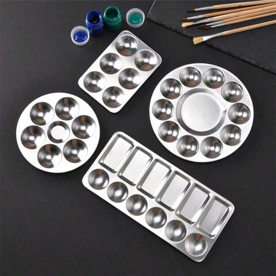 铝制调色板，用于丙烯水彩油画的金属颜料混合托盘，圆形 6 孔，圆形 10 孔，矩形 6 孔，矩形 12 孔，返校，学校用品 - 銀色 - 查看 1
