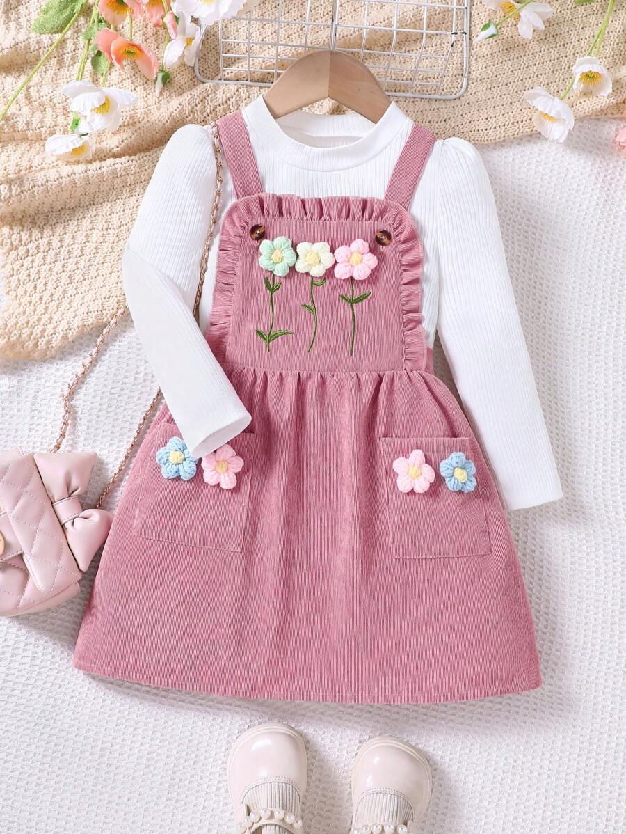 2pcs Young Girls Knit Long Sleeve Top And Corduroy Flower Decor Pinafore Dress Set, Casual Outfits For Autumn/Winter - Pink - View 1