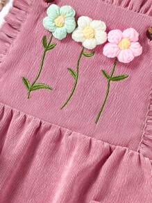 2pcs Young Girls Knit Long Sleeve Top And Corduroy Flower Decor Pinafore Dress Set, Casual Outfits For Autumn/Winter - Pink - View 7