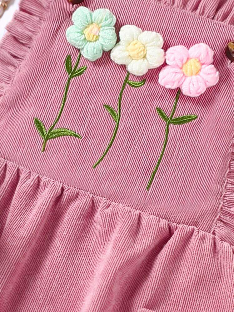 girls pink and green floral corduroy dress fall winter 2pcs Young Girls Knit Long Sleeve Top And Corduroy Flower Decor Pinafore  Dress Set, Casual Outfits For Autumn/Winter