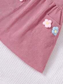 2pcs Young Girls Knit Long Sleeve Top And Corduroy Flower Decor Pinafore Dress Set, Casual Outfits For Autumn/Winter - Pink - View 8