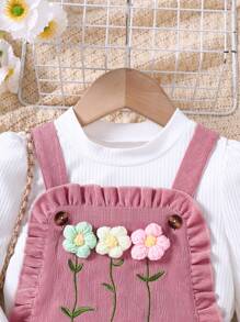 2pcs Young Girls Knit Long Sleeve Top And Corduroy Flower Decor Pinafore Dress Set, Casual Outfits For Autumn/Winter - Pink - View 5